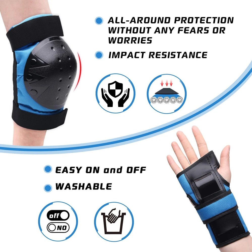 6-Piece Knee, Elbow, Wrist Protective Gear For Skateboarding & Cycling