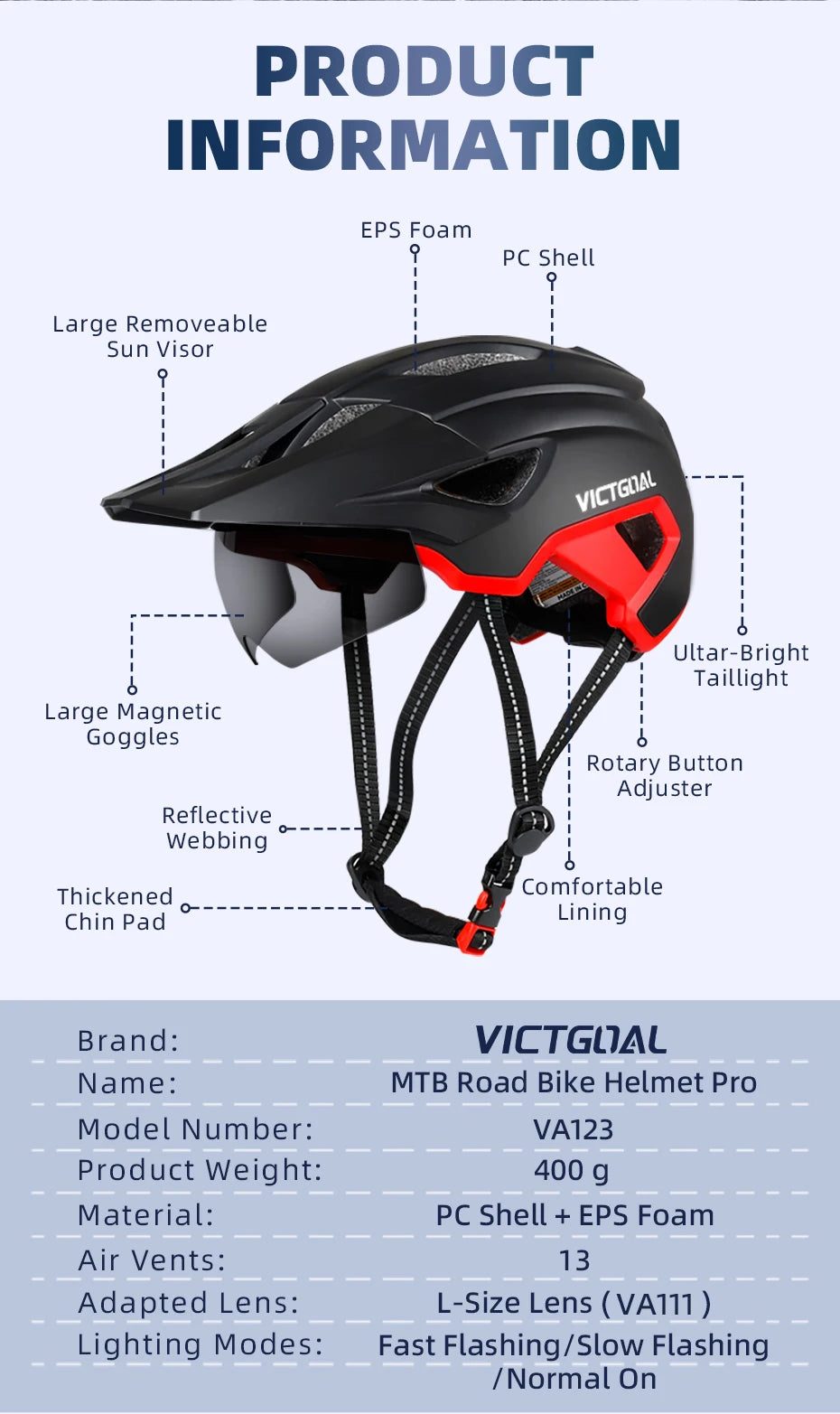 VICTGOAL LED Bike Helmet With Sun Goggle Visor Rechargeable LED Men Bicycle Helmet Sunglasses Shield Road MTB Cycling Helmets